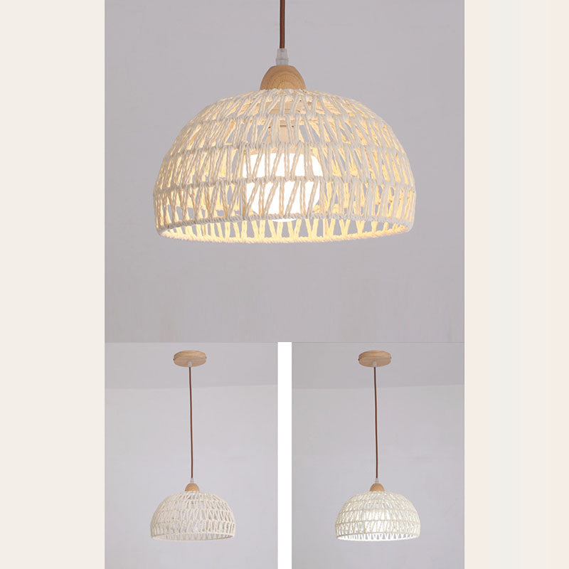 Traditional Japanese Half Round Solid Wood Rattan 1-Light Pendant Light For Living Room