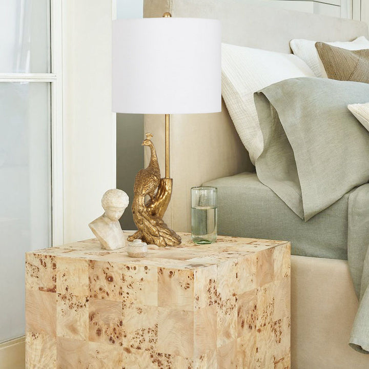 Traditional Vintage Cylindrical Peacock Resin Gold Foil Fabric 1-Light Table Lamp For Bedroom