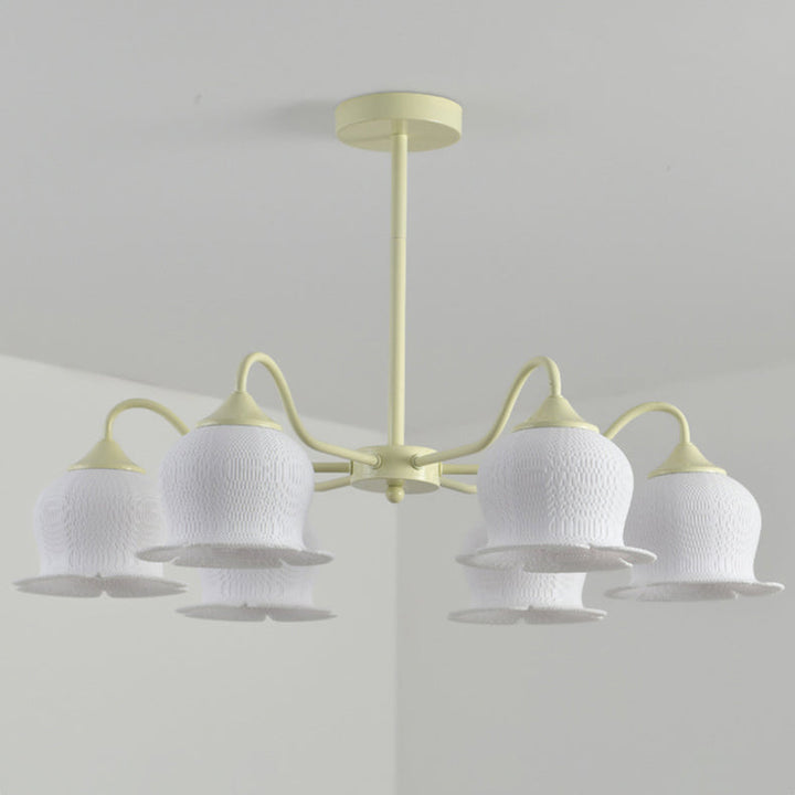 Moderner Art-Deco-Kronleuchter mit Eisenrahmen und PLA-Glocken-Orchideen-Blumenschirm, 3/5/6 Lichter, für Wohnzimmer 