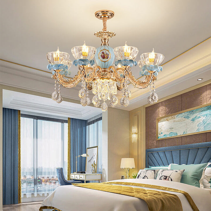 Traditional European Flower Candelabra Zinc Alloy Crystal Glass Ceramic 6/8/10/12-Light Chandelier For Living Room