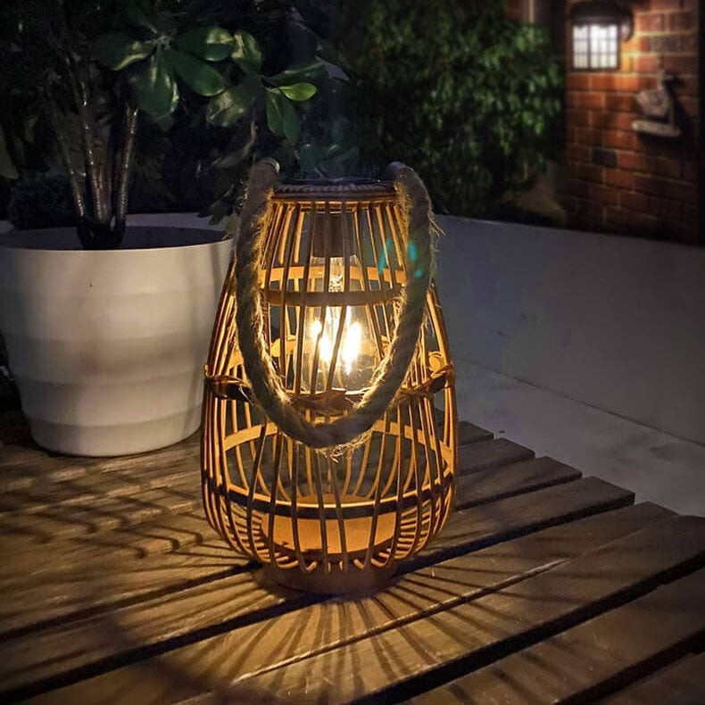 Contemporary Retro Hemp Rope Rattan Weaving Cage LED Solar Waterproof Standing Floor Lamp For Garden