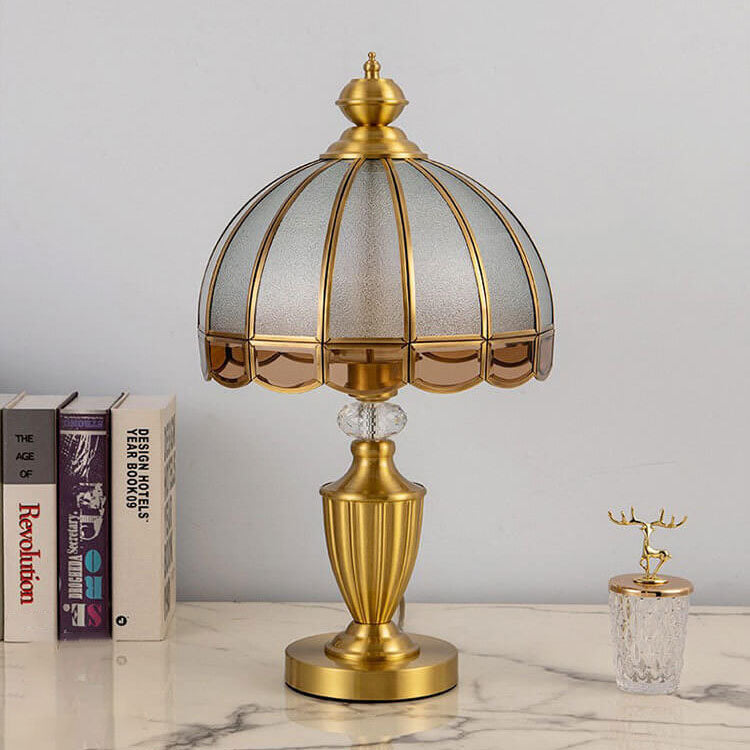 Chinese Vintage Brass Water Pattern Glass Dome 1-Light Table Lamp