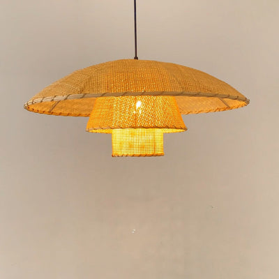 Traditioneller japanischer dreifacher runder Rattan-Kronleuchter mit 1 Licht für Wohnzimmer 