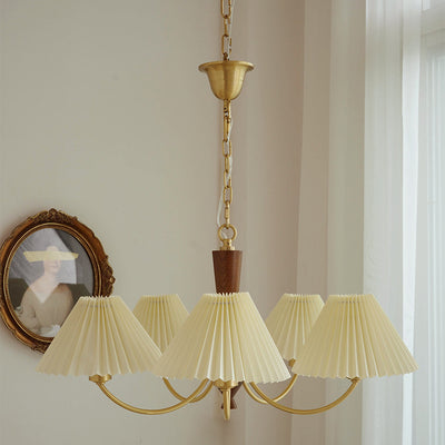 Traditional Vintage Pleated Fabric Shade Wood Brass Frame 3/5-Light Chandelier For Living Room