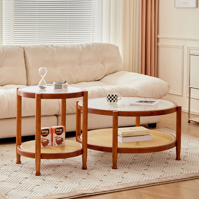 Table basse ronde minimaliste moderne en hévéa avec plateau en verre et faux rotin, à 2 niveaux, pour salon 