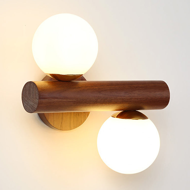Traditional Japanese Metal Rubber Wood Walnut Glass Cylinder Strip Ball 2-Light Wall Sconce Lamp For Bedside