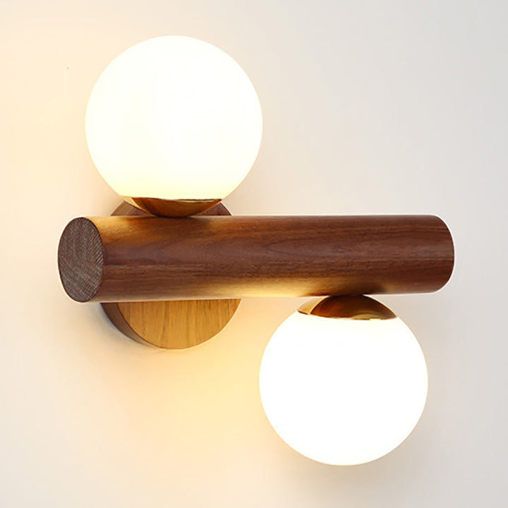 Traditional Japanese Metal Rubber Wood Walnut Glass Cylinder Strip Ball 2-Light Wall Sconce Lamp For Bedside