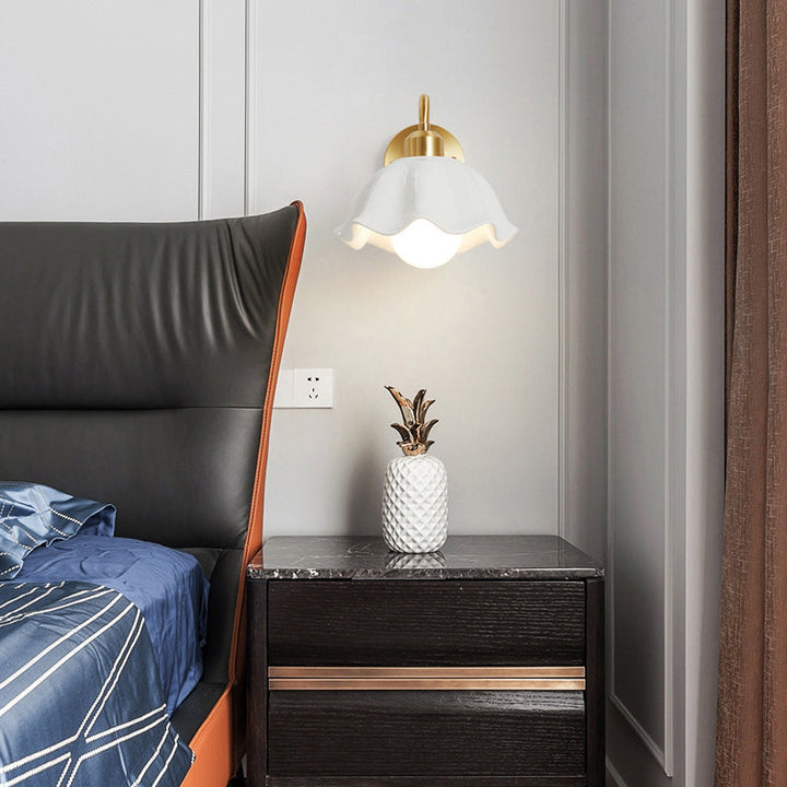 Modern Minimalist Cream Flower Pod All Copper Glass 1-Light Wall Sconce Lamp For Bedroom