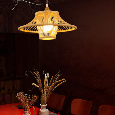 Suspension Luminaire Cylindre Rond en Bambou Japonais Traditionnel à 1 Lumière pour Chambre 