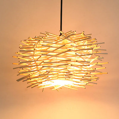 Lámpara colgante de 1 luz con diseño de nido de pájaro tejido en ratán japonés tradicional para sala de estar 