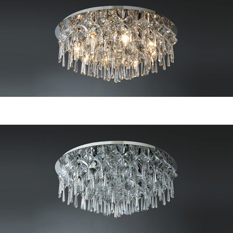 Luxe contemporain Éblouissant chaînes de cristal prismatiques Cadre rond en acier inoxydable Plafonnier encastré à 2/6/8 lumières pour salon 