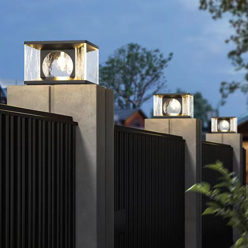 Moderno Minimalista Solar Impermeable Rectángulo Acero Inoxidable Vidrio LED Poste Luz de Cabeza Para Patio Exterior 