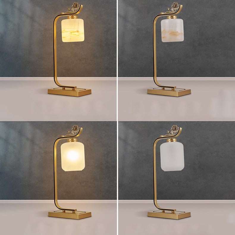 Traditionelle chinesische Laterne Zylinder Kupfer Glas 1-Licht Tischlampe für Schlafzimmer 