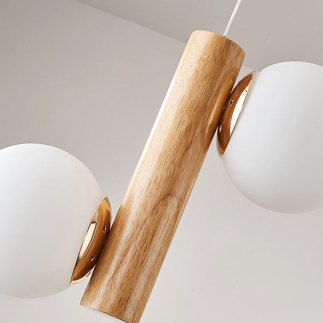 Moderne minimalistische Kugel Zylinder Eisen Glas Eiche Gummi Holz 2-Licht Pendelleuchte für Wohnzimmer 