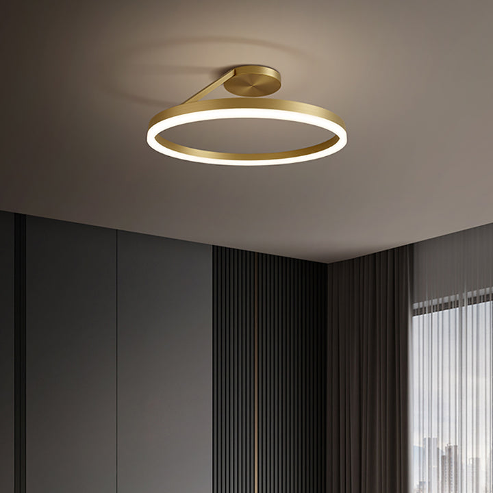 Luz de techo LED de montaje semi-empotrado con pantalla redonda de línea curva de cobre completo minimalista moderno para sala de estar 