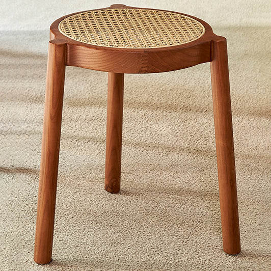 Traditional Japanese Round Rattan Weaving Ash Wood Frame Stackable Low Stool For Living Room