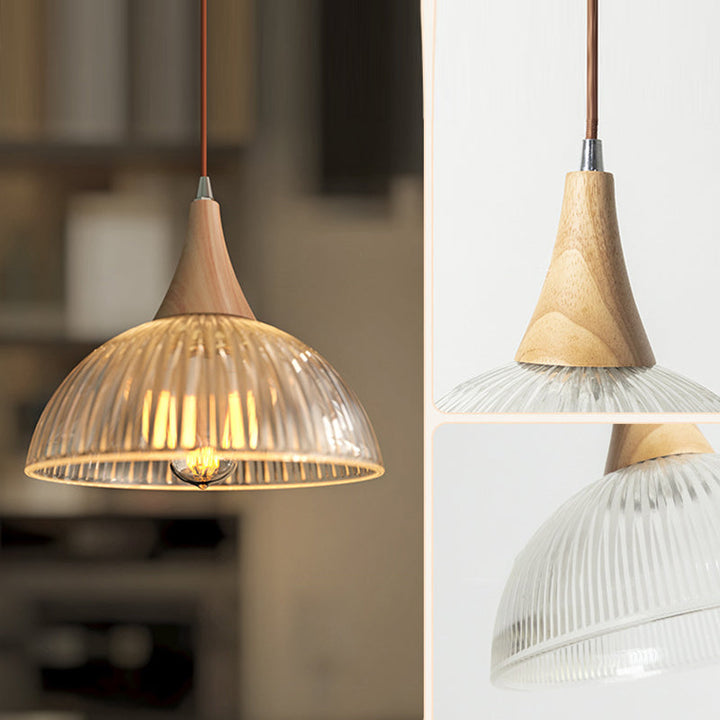 Zeitgenössische Retro Holz Vertikal Glas Runde Schatten 1-Licht Pendelleuchte für Wohnzimmer 