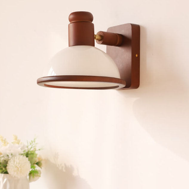 Chinese Vintage Walnut Wood Adjustable Swing Arm Dome 1-Light Wall Sconce Lamp