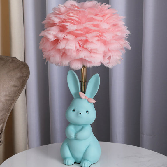 Lampe de table à 1 lumière en verre avec orbe en métal et plumes de lapin Art Déco moderne pour chambre à coucher 
