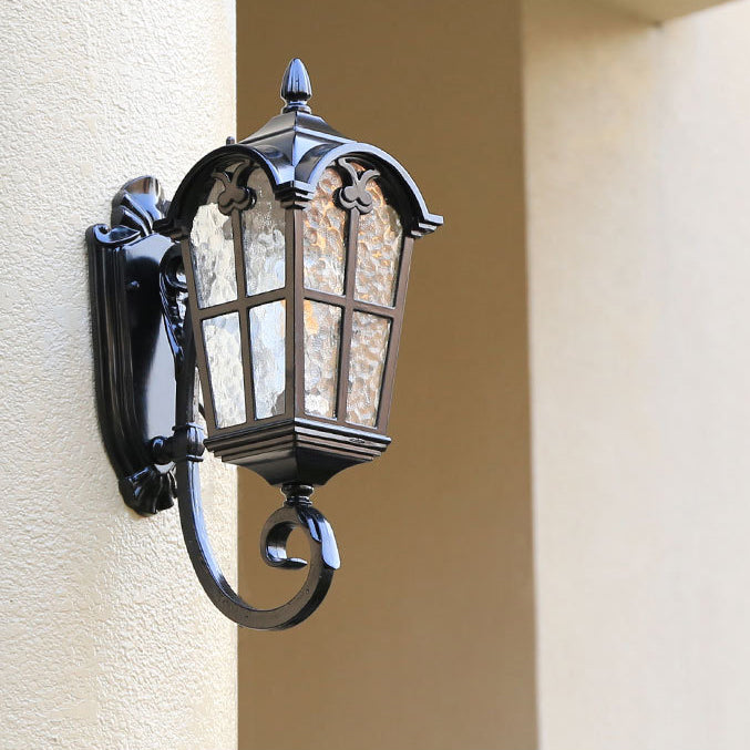 Cilindro de vidrio de aluminio impermeable tradicional europeo con ondas para lámpara de pared de 1 luz para patio exterior 