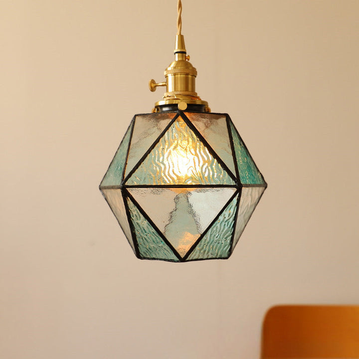 Lustre suspendu en laiton et verre polygonal vintage traditionnel à 1 lumière pour salon 