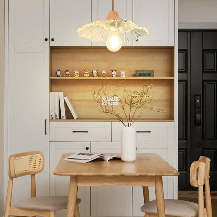 Moderner Art Deco Holz Lotusblatt Glasschirm 1/3-Licht Inselleuchte Kronleuchter für Schlafzimmer 