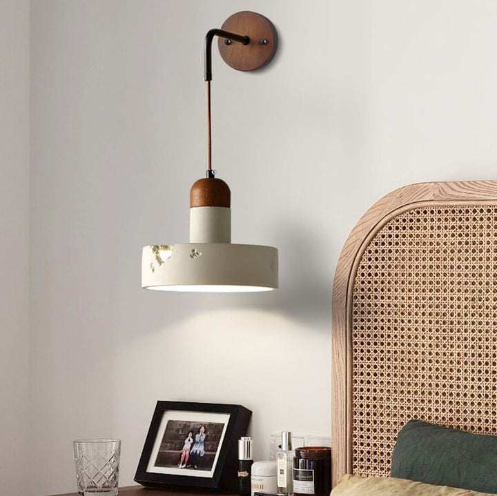 Japanese Wabi-Sabi Solid Wood Cement Round 1-Light Wall Sconce