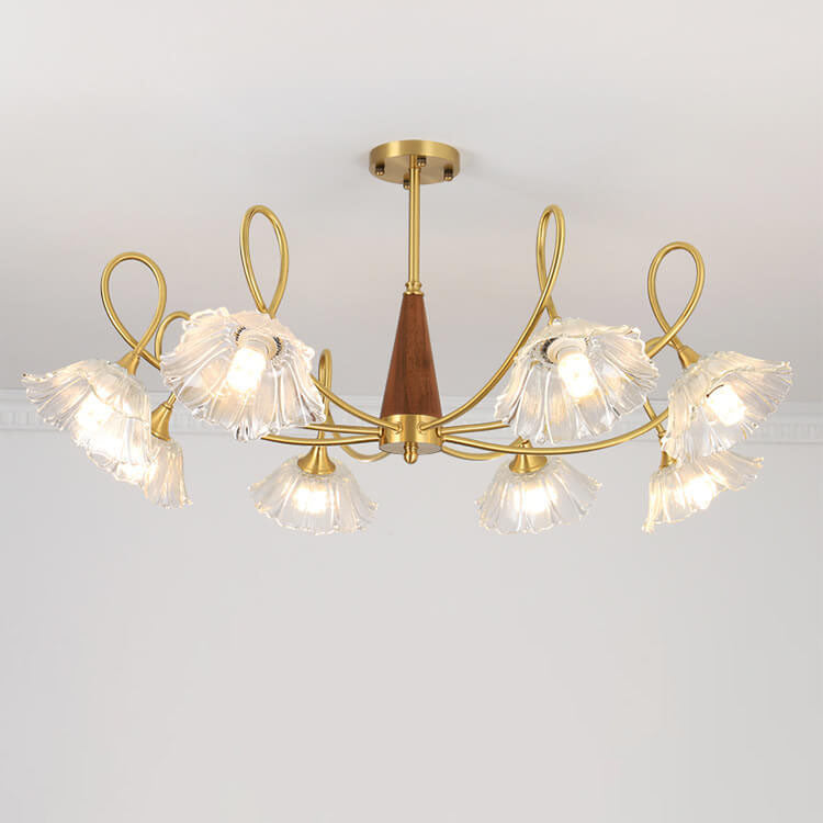 Lámpara de araña tradicional vintage de vidrio floral, madera y cobre con ramas de cristal de 3/6/8 luces para sala de estar 
