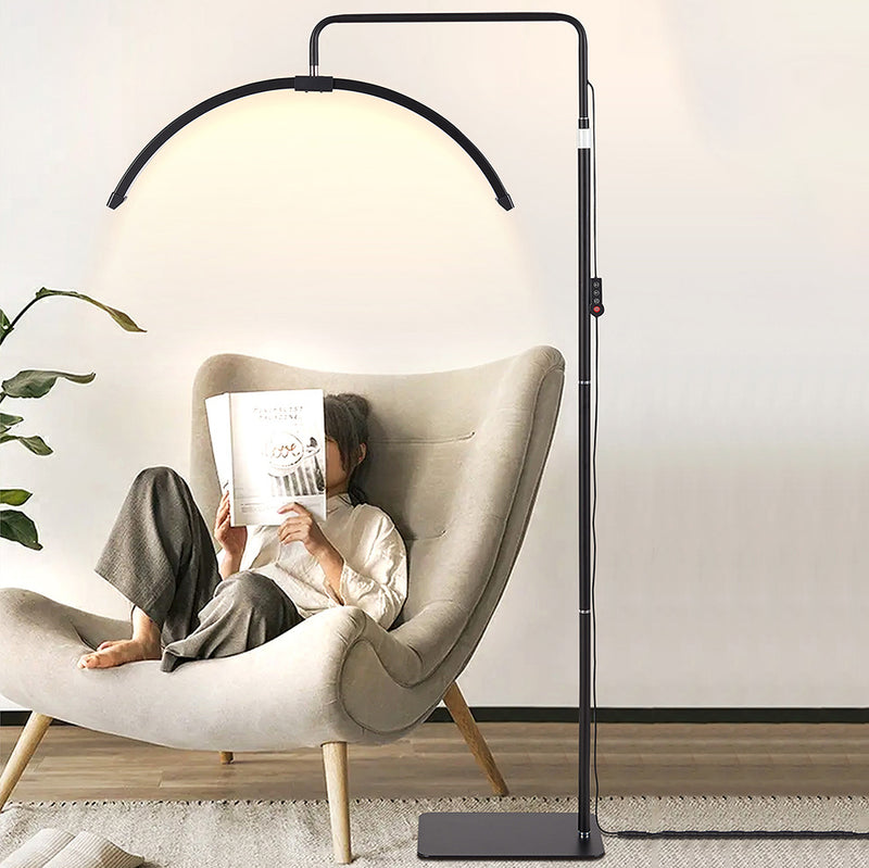 Lámpara de pie LED de aluminio, hierro y ABS en forma de media luna de la línea de simplicidad moderna para sala de estar 