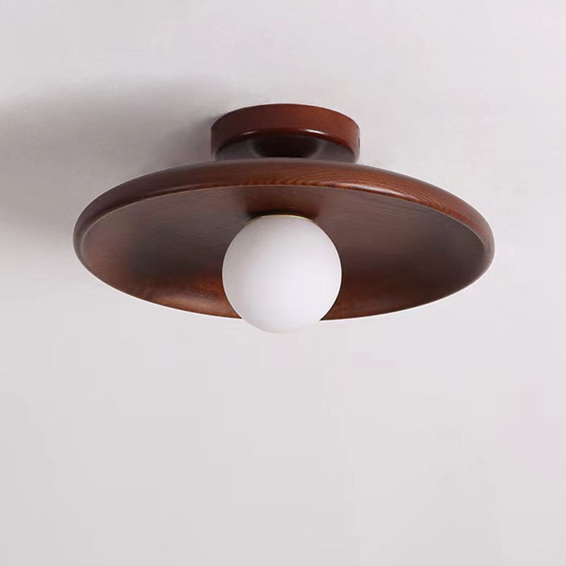 Modern Simplicity Rubberwood Glass Round 1-Light Semi-Flush Mount Ceiling Light For Hallway