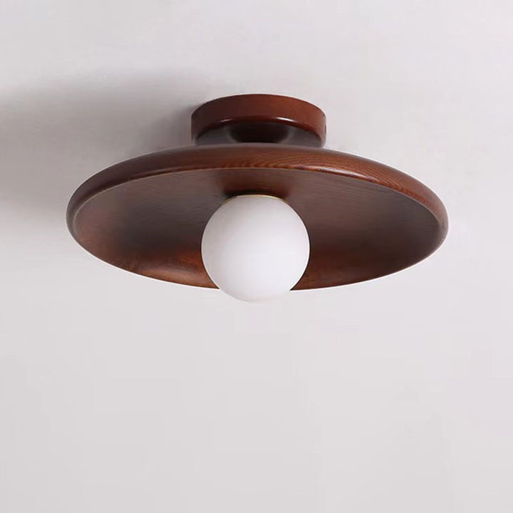 Modern Simplicity Rubberwood Glass Round 1-Light Semi-Flush Mount Ceiling Light For Hallway