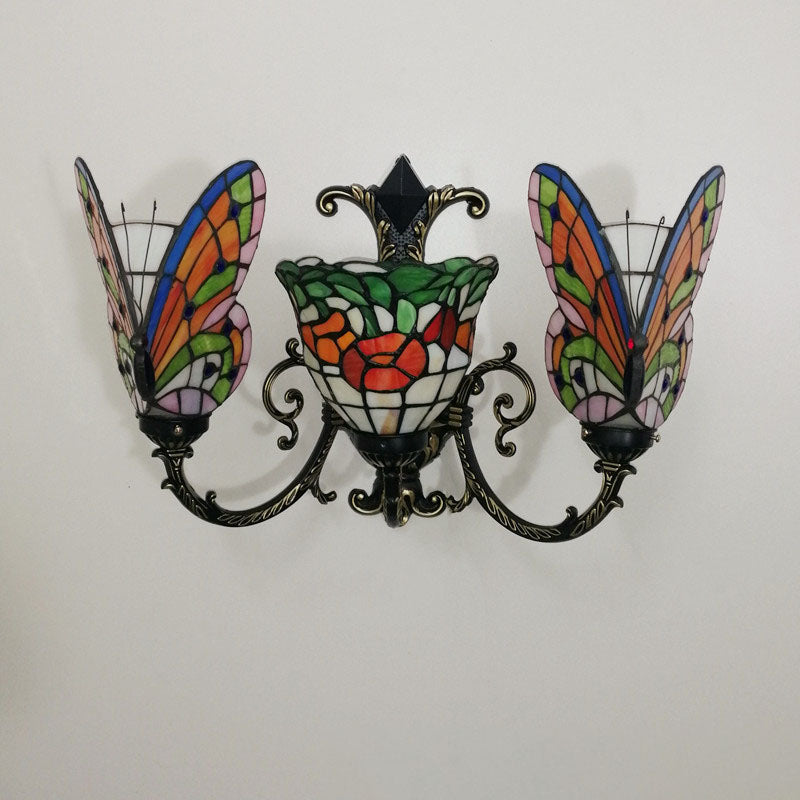Traditional Tiffany European Butterfly Alloy Iron Glass 3-Light Wall Sconce Lamp For Hallway
