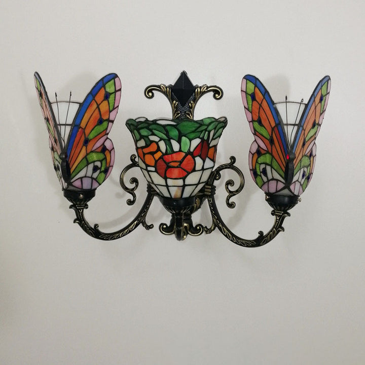 Traditional Tiffany European Butterfly Alloy Iron Glass 3-Light Wall Sconce Lamp For Hallway