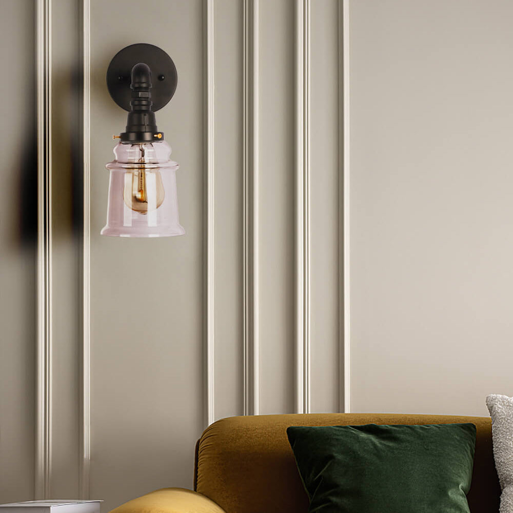 Contemporary Industrial Clear Glass Bell Pipe Iron 1-Light Wall Sconce Lamp For Bedroom