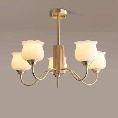 French Light Luxury Full Copper Wood Frame Bell Orchid Resin 5-Light Chandelier