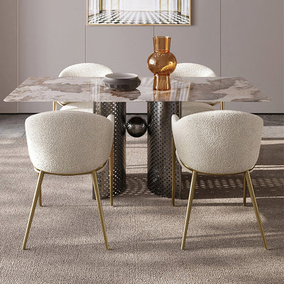 Silla de comedor contemporánea de lujo redonda de lana de cordero con patas de acero inoxidable, respaldo y reposabrazos para comedor 