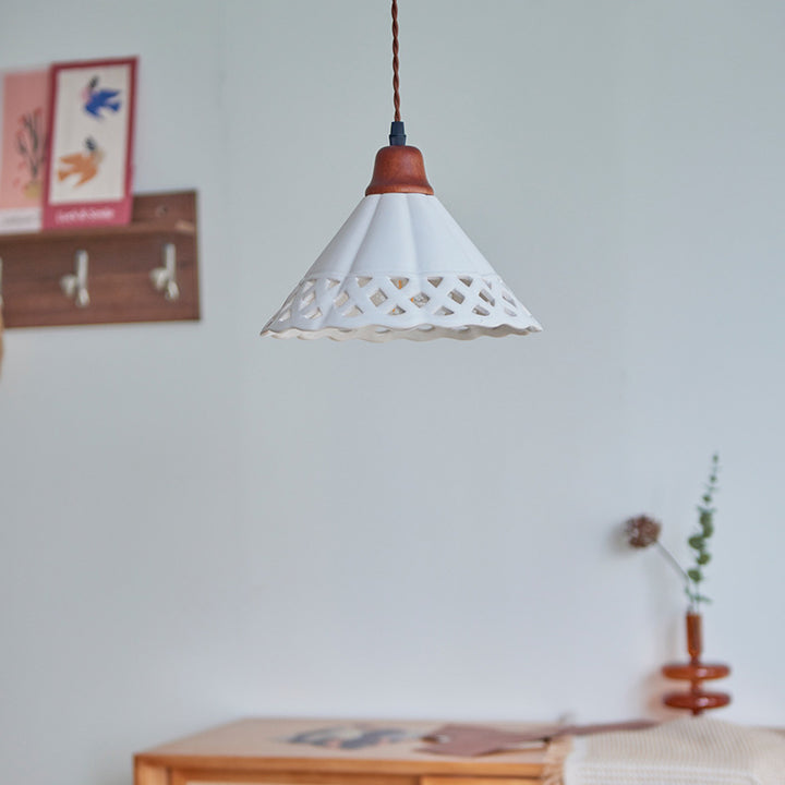 Traditional Chinese Hollow Cone Ceramic Solid Wood 1-Light Pendant Light For Bedroom