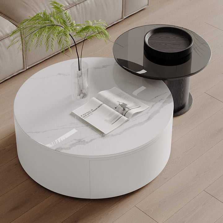 Modern Minimalist Round Plywood Metal Glass Coffee Table Set 2-Drawer For Living Room
