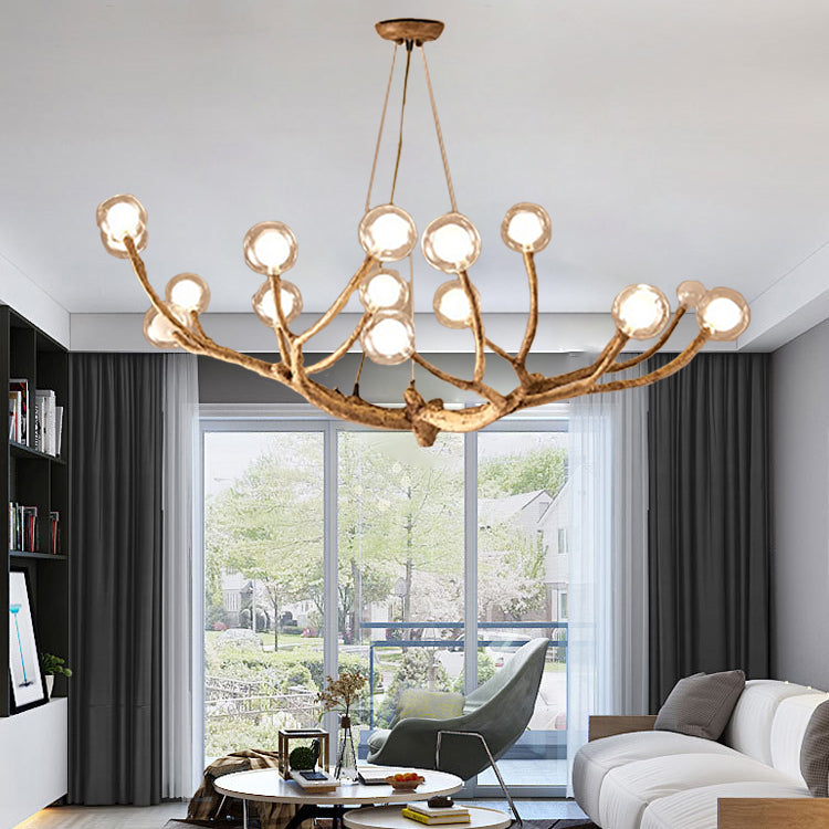 Modern Glass Globe 8/12/16/20-Light Wood Branching Chandeliers For Living Room