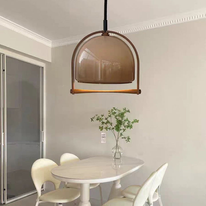 Traditional Japanese Telescopic Wood Amber Round Glass 1-Light Pendant Light For Dining Room