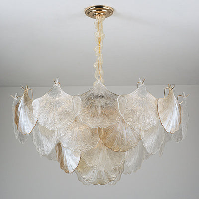 Traditional French Ginkgo Leaf Iron Glass 6/9 Light Chandelier For Living Room