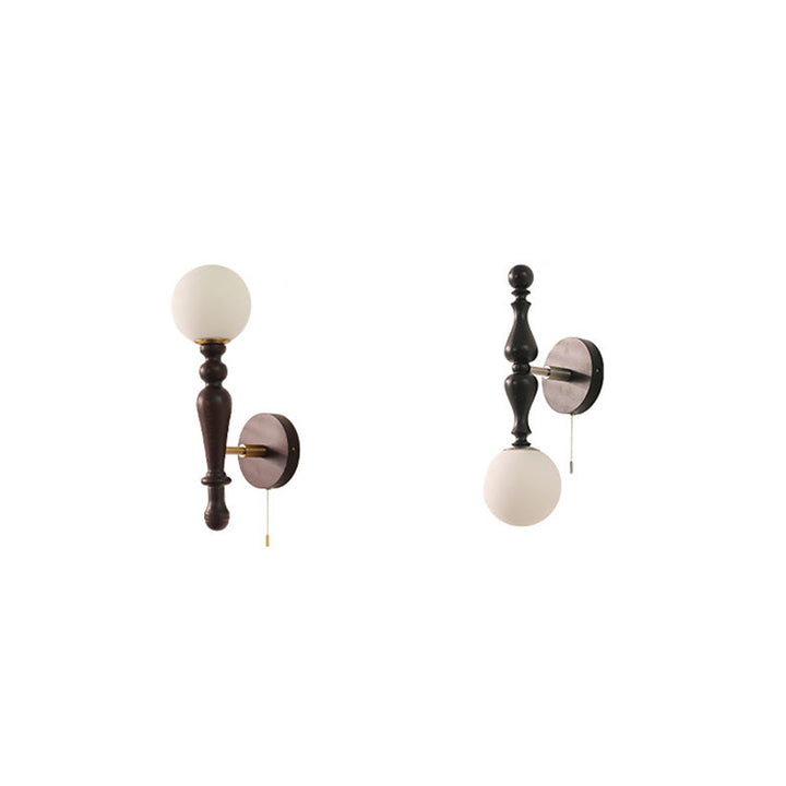 Applique murale contemporaine rétro en bois, aluminium et verre avec boule à 1 lumière pour chambre 