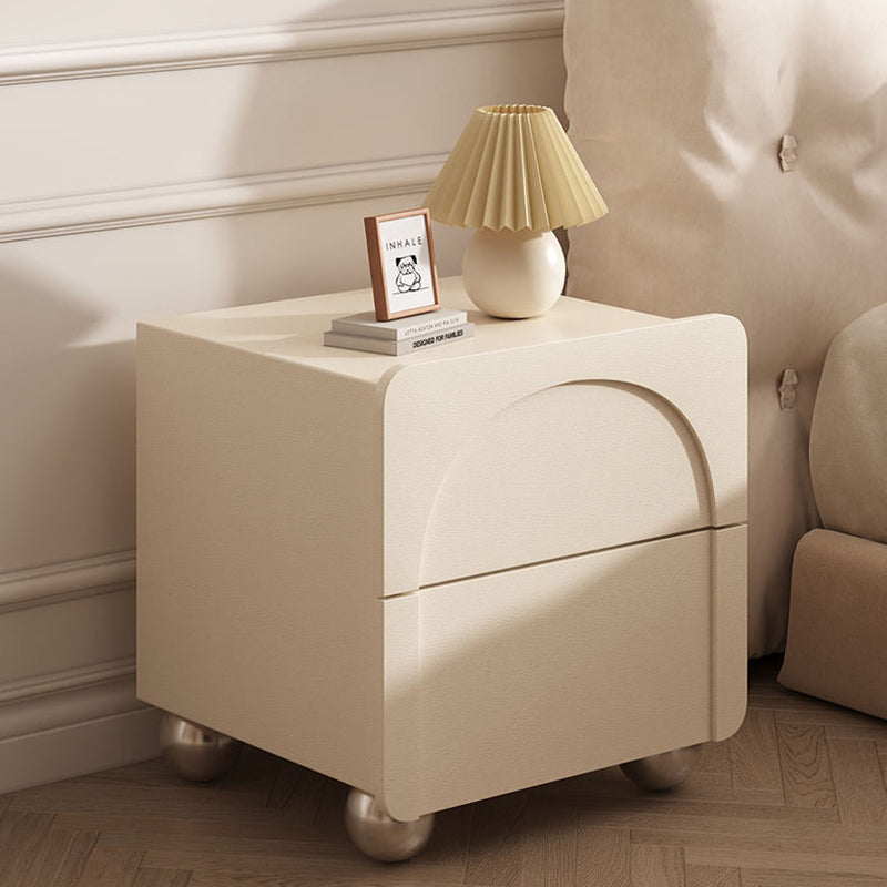 Table de nuit moderne minimaliste rectangulaire avec base ronde en acier au carbone et 2 tiroirs pour chambre 