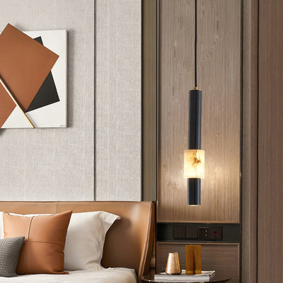 Lustre LED contemporain de luxe en cuivre à bande longue avec abat-jour en marbre pour salon 