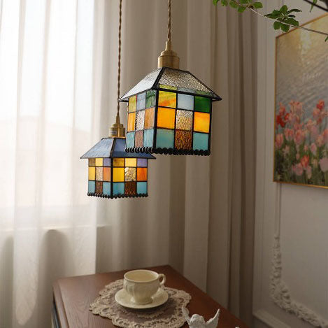 Tiffany Kreatives Buntglas-Haus 1-Licht Pendelleuchte 