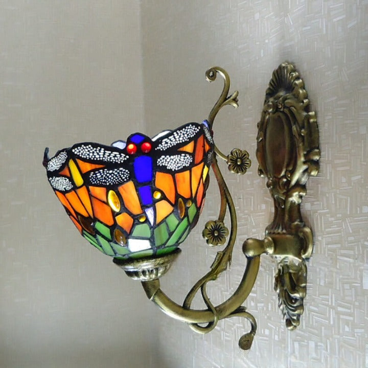 Tiffany Handmade Stained Glass Dragonfly 1-Light Wall Sconce Lamp