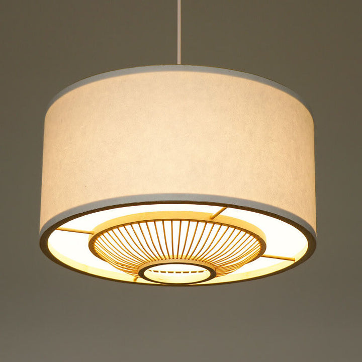 Contemporary Scandinavian Zen Bamboo Weaving Parchment Drum 1-Light Pendant Light for Living Room