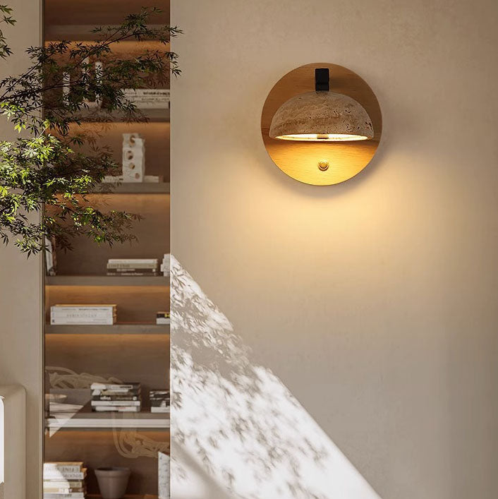 Applique murale LED hémisphérique ronde en noyer dolomite japonais traditionnel pour chevet 