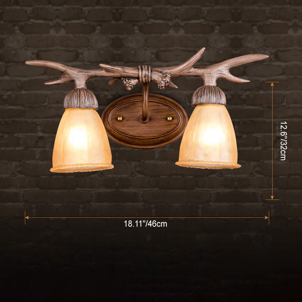 Lámpara de Aplique de Pared de 2 Luces con Pantalla de Papiro Falso de Resina de Hierro de Cornamenta Vintage Tradicional para Sala de Estar 