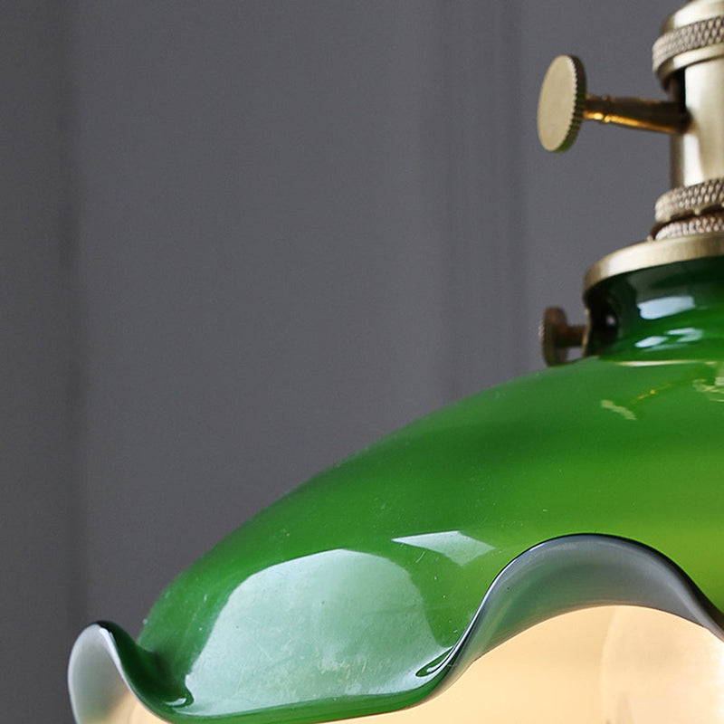 Traditionelle chinesische Blumenrolle Messing Glas 1-Licht Pendelleuchte für Wohnzimmer 